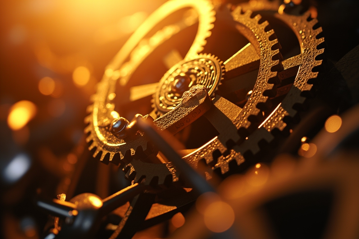 A network of interconnected gears representing Kubernetes orchestration, symbolizing automated management and scalability.