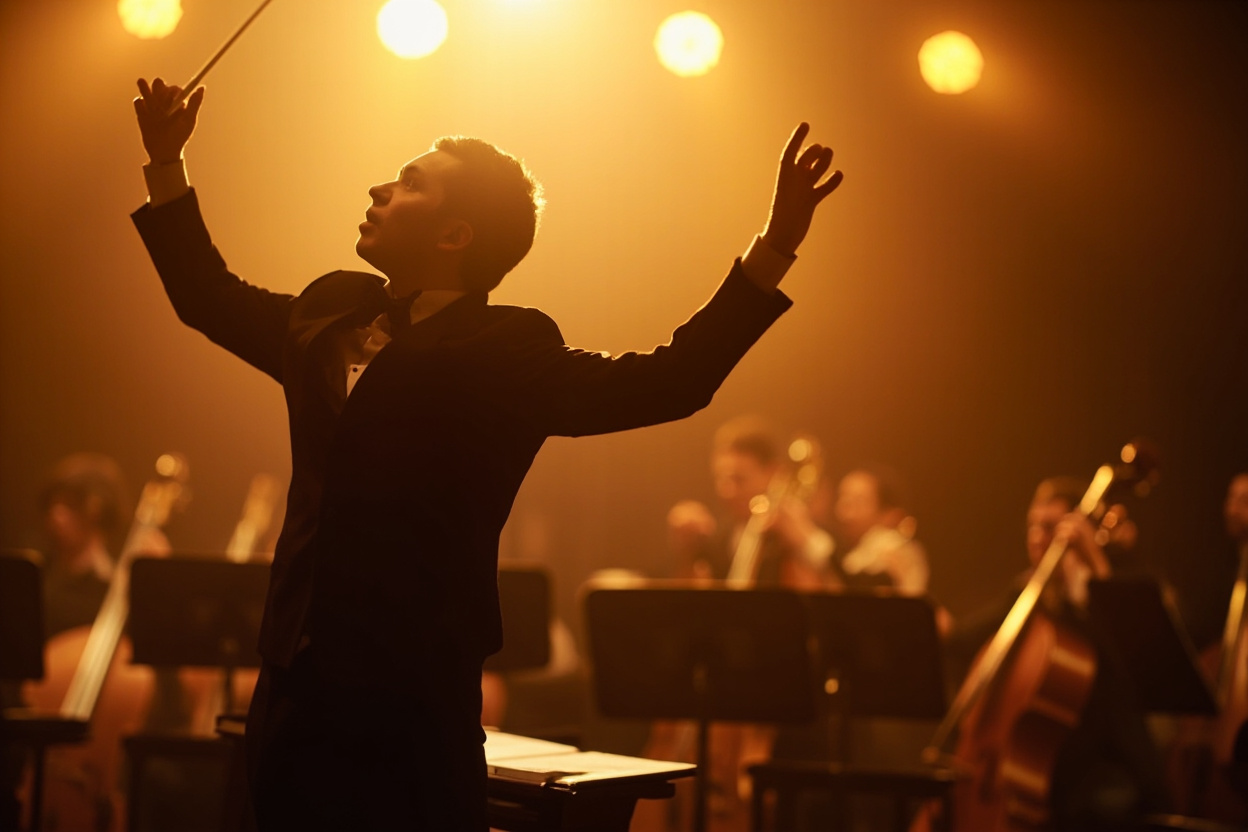 Wide shot of a conductor orchestrating a symphony, symbolizing Kubernetes orchestration and its role in managing complex systems.