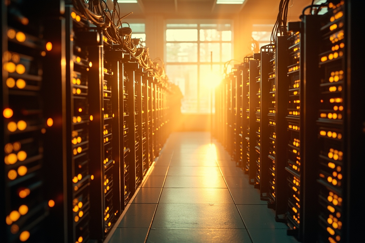 A vast, interconnected network of glowing servers, symbolizing Kubernetes mastery through training and simplified management.