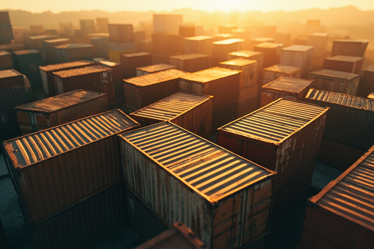 A vast, interconnected network of shipping containers, symbolizing Kubernetes' orchestration capabilities.