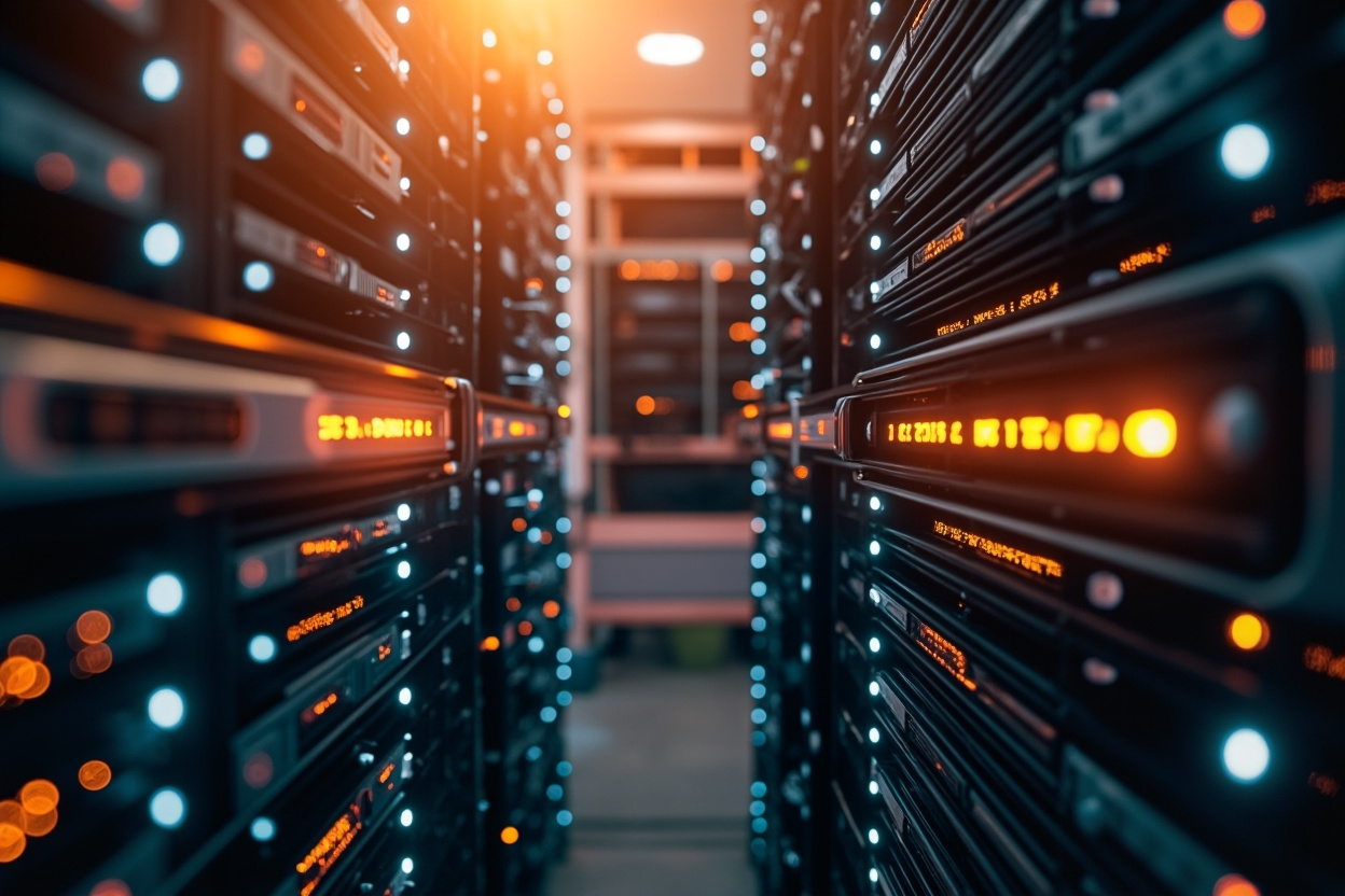 A vast, interconnected network of glowing servers, symbolizing Kubernetes' complex architecture and scalability.