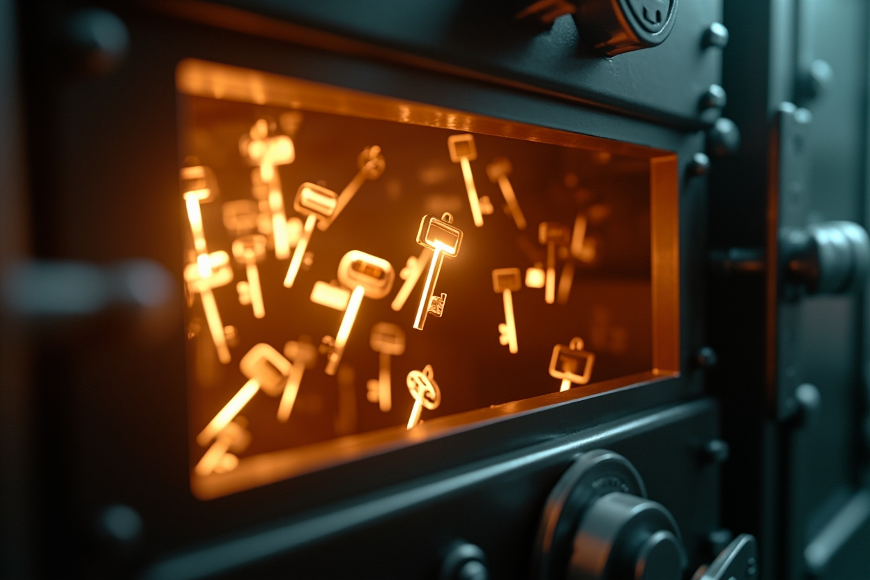 Secure vault with glowing keys inside, representing Kubernetes secrets management.