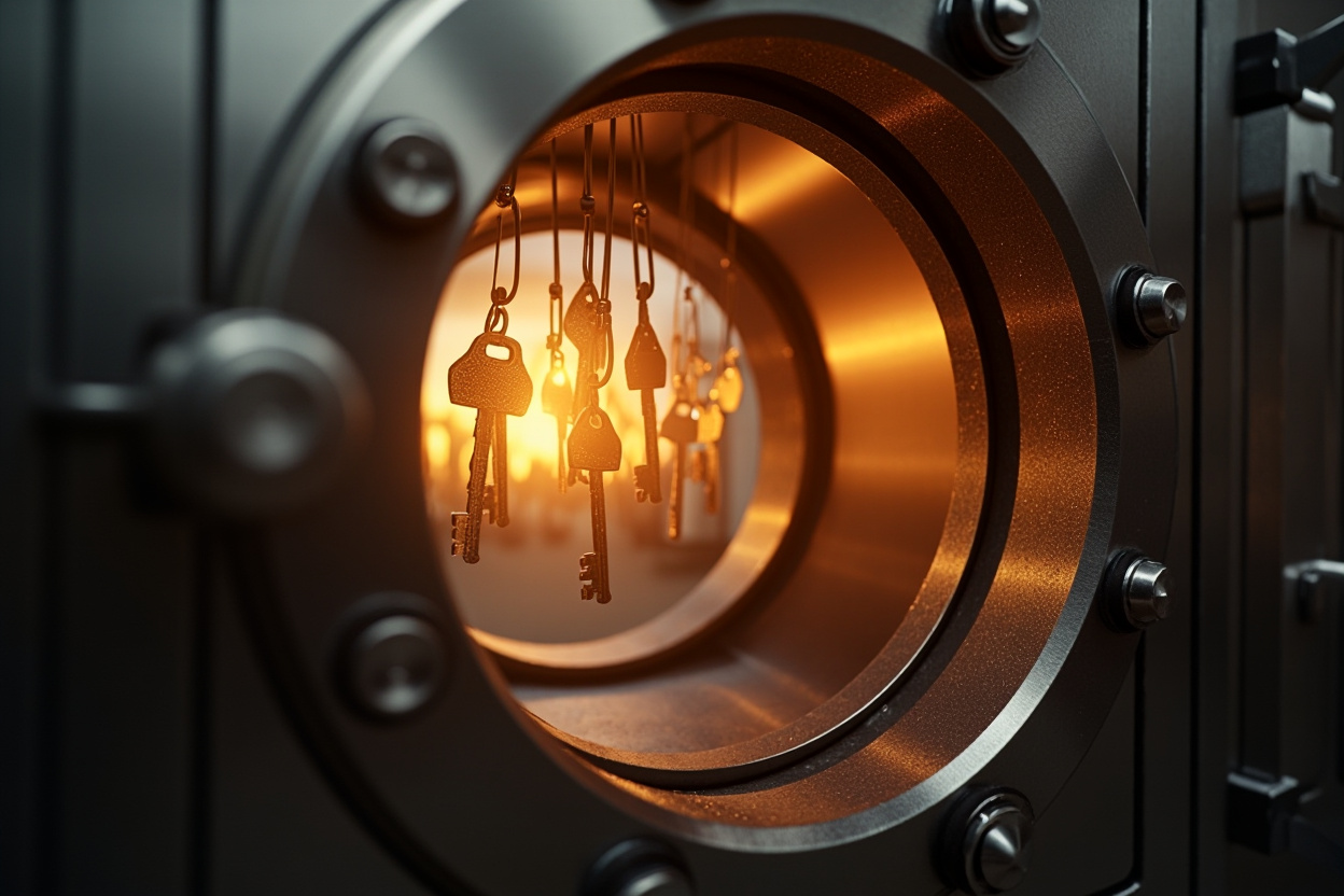 Secure vault with glowing keys inside, representing Kubernetes secrets management.