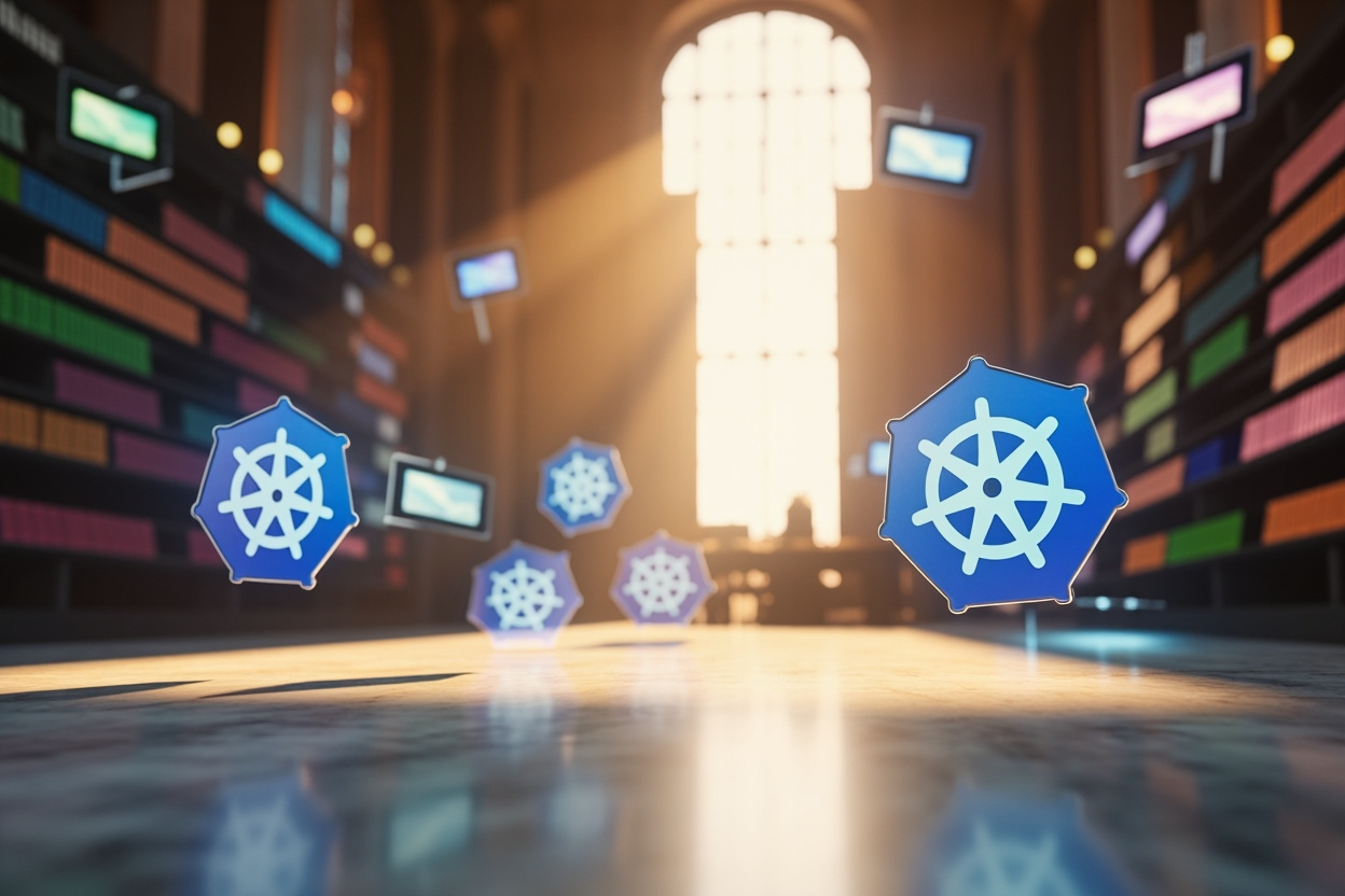 A vast digital library with glowing Kubernetes logos floating among the books, representing expert insights.