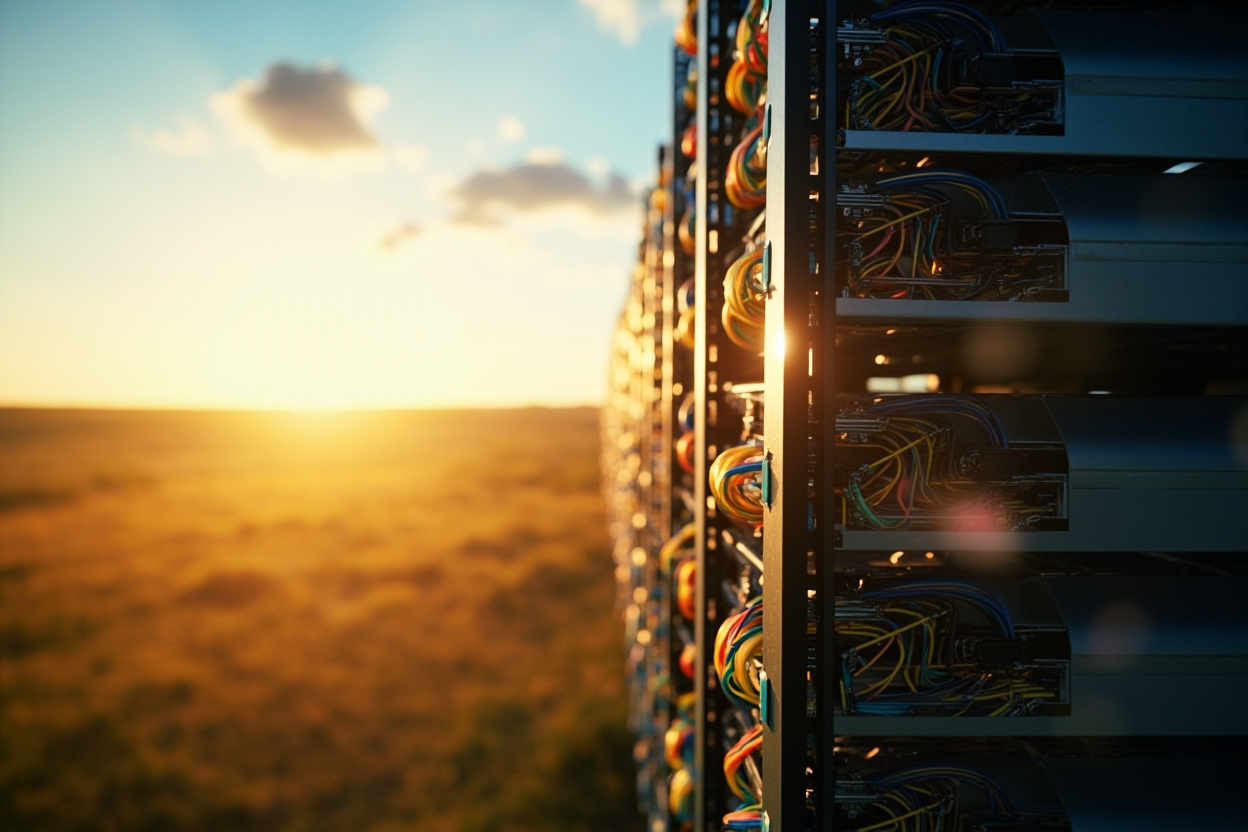 Vast open field with interconnected server racks, representing Kubernetes' open-source nature and scalable architecture.
