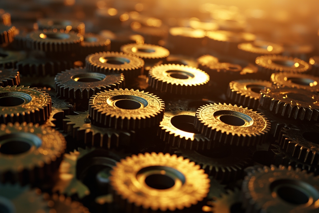 Wide shot of interconnected gears representing Kubernetes, with natural lighting and a blurred background.