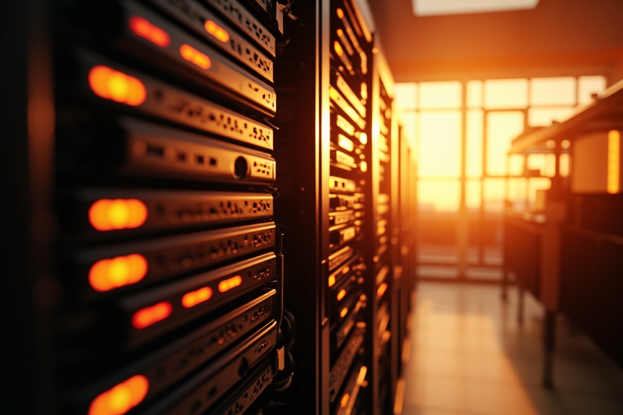 A vast, interconnected network of servers, symbolizing Kubernetes cluster management, with a blurred background.