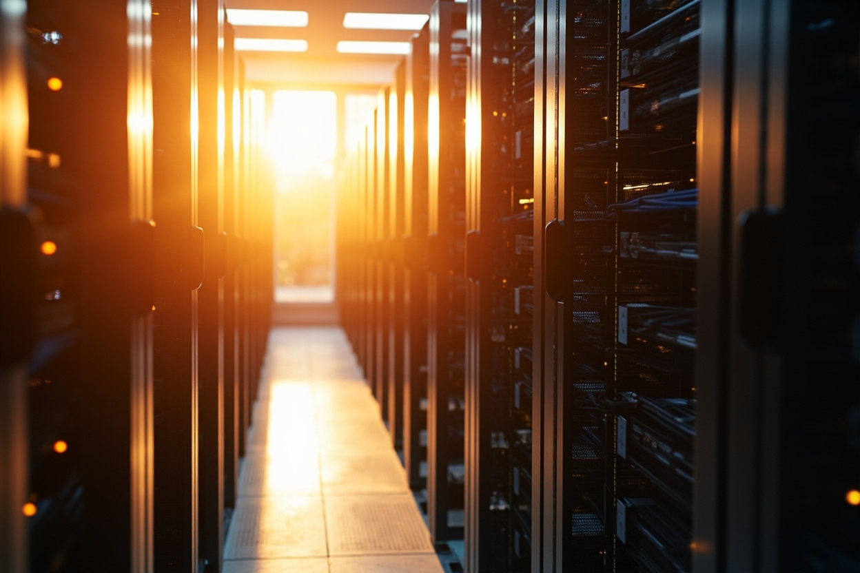 Wide shot of interconnected server racks with blurred background, symbolizing Kubernetes monitoring.