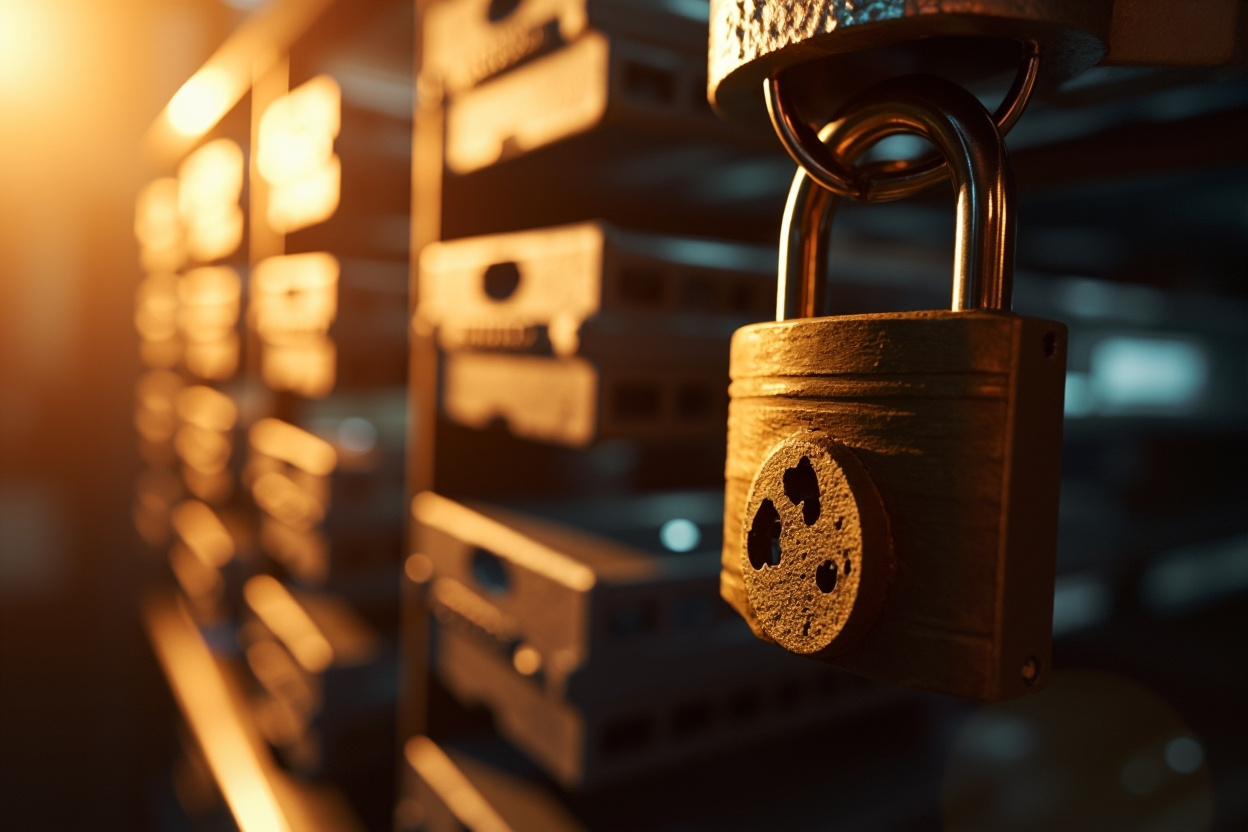 A secure padlock hovering above a Kubernetes cluster, symbolizing security and compliance.