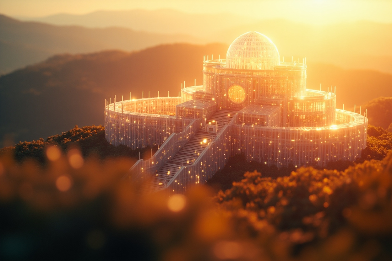 A secure Kubernetes cluster represented by a glowing, protected fortress in a blurred landscape.