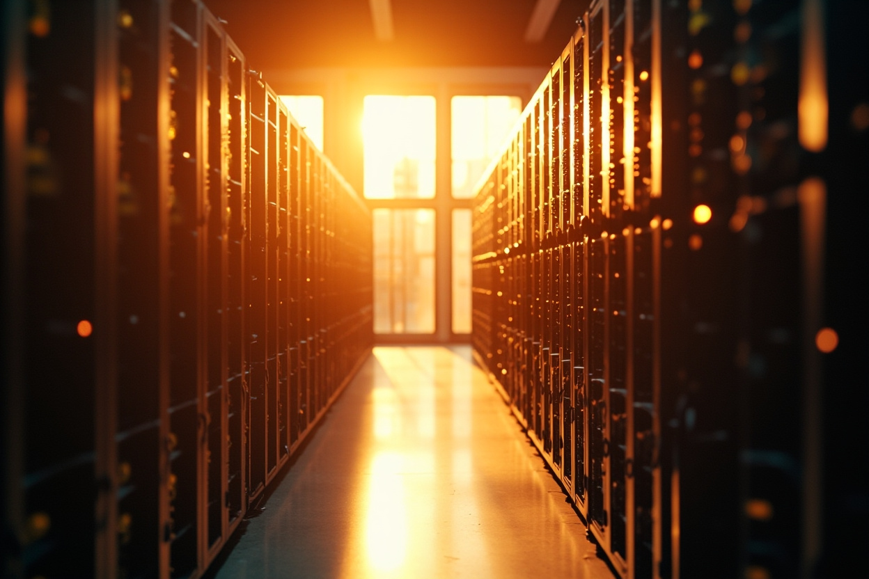 A vast, interconnected network of servers, symbolizing Kubegrade's comprehensive Kubernetes solutions for streamlined cluster management.