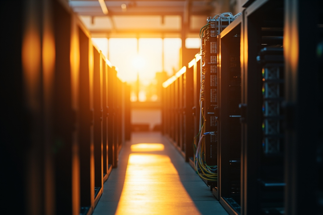 A vast, interconnected network of servers, symbolizing Kubernetes compliance and security.