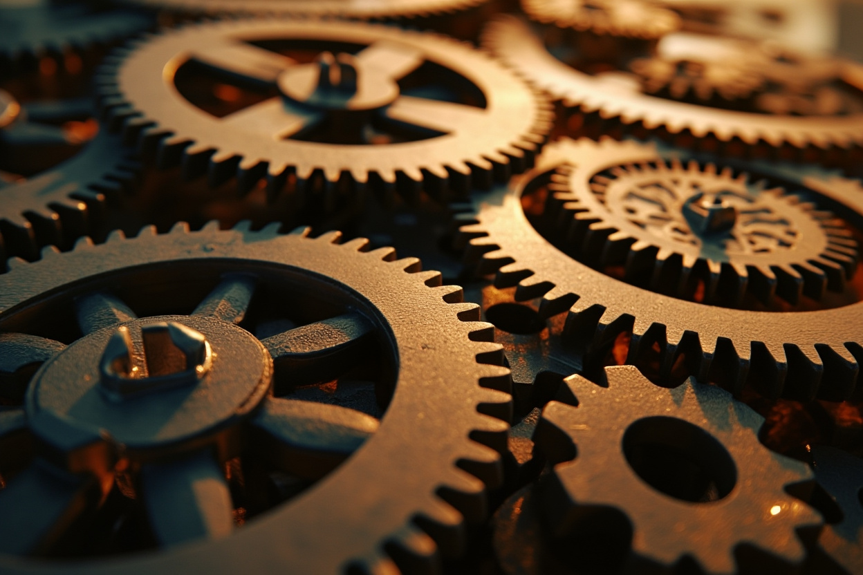 A network of interconnected gears representing Kubernetes deployment, showcasing efficiency and automation.