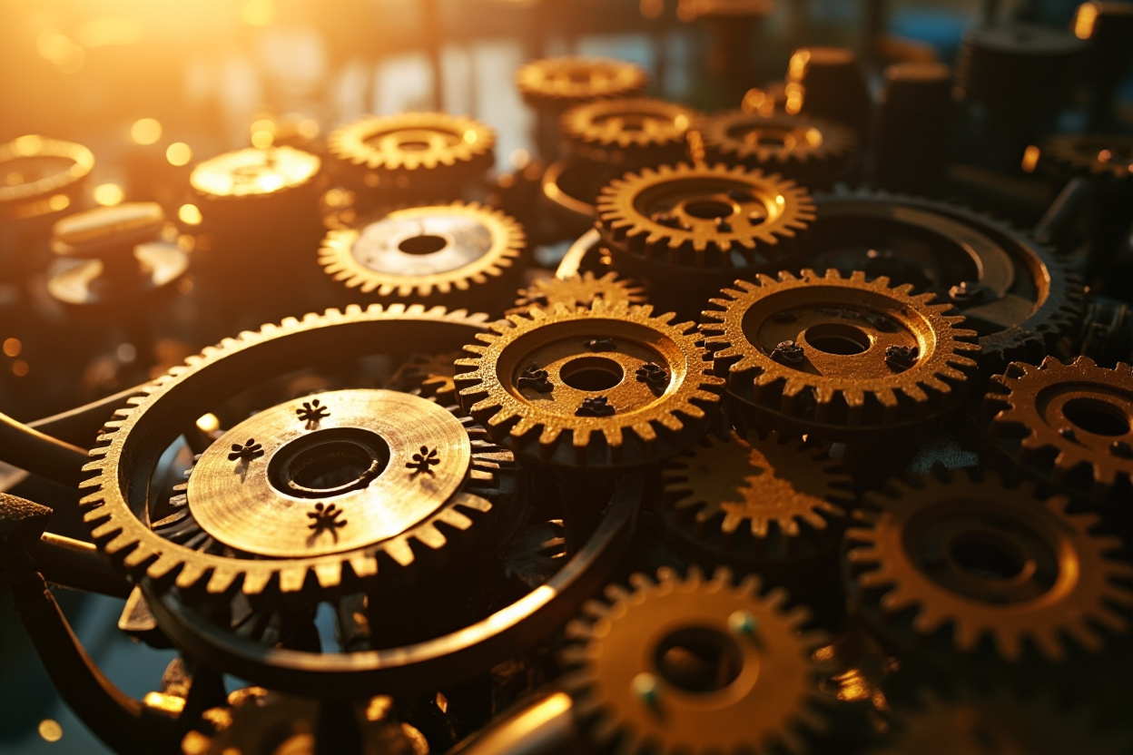 Wide shot of interconnected gears representing Kubernetes open source projects, symbolizing enhanced cluster management and optimization.