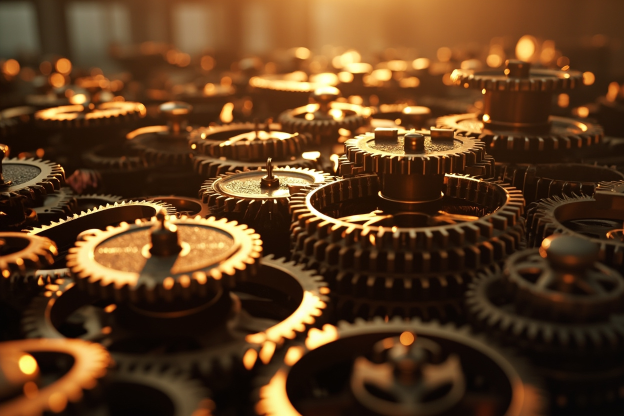 Wide shot of interconnected gears representing Kubernetes automation, with blurred background.