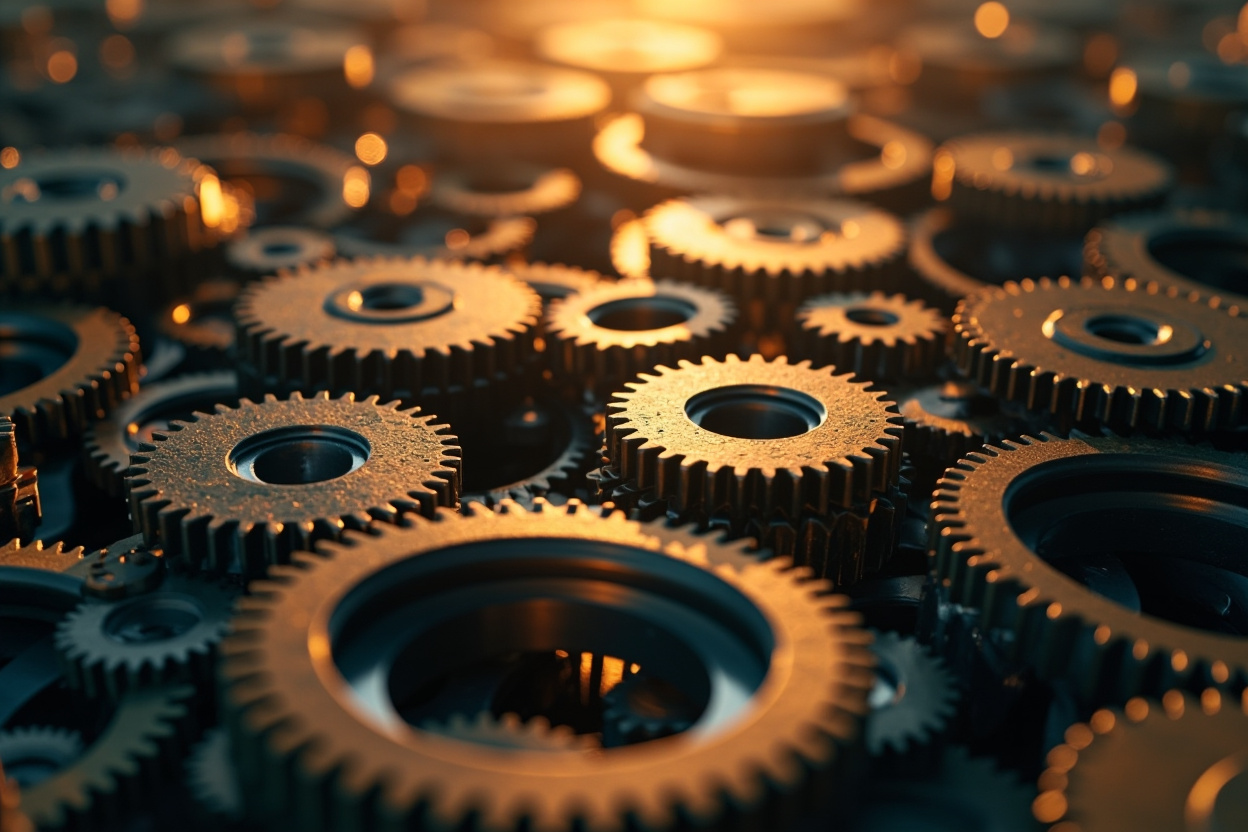 Wide shot of interconnected gears representing Kubernetes platforms, with blurred background and natural lighting.