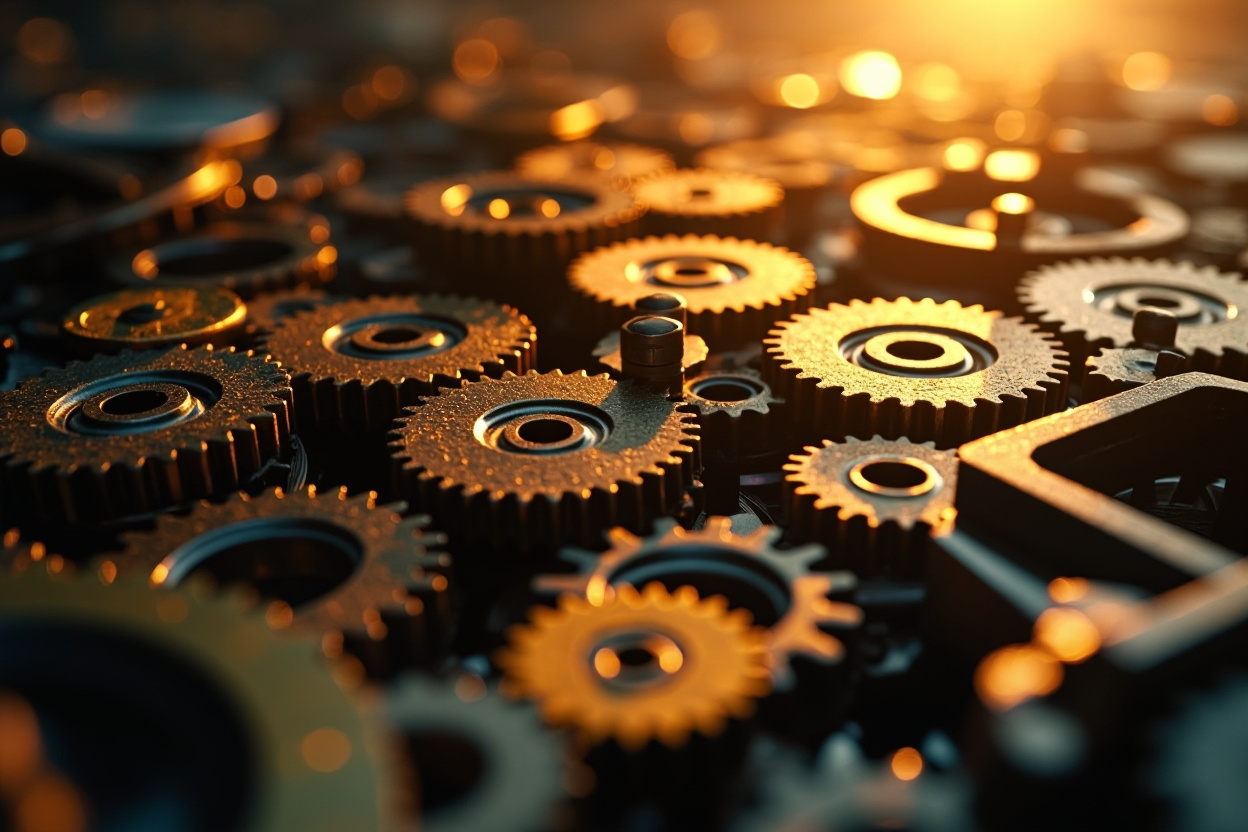 Wide shot of interconnected gears representing Kubernetes platforms, with a blurred background.