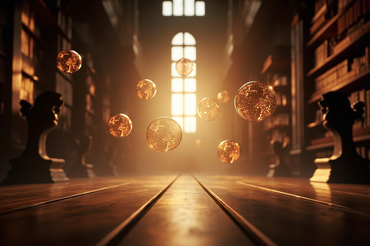A vast library with glowing orbs representing Kubernetes documentation floating among the bookshelves.