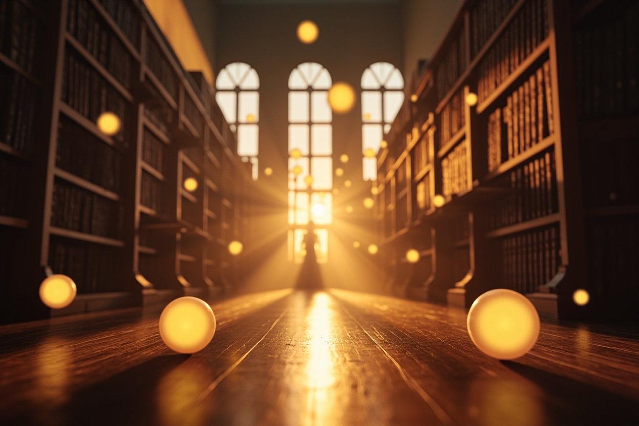 A vast library with glowing orbs representing Kubernetes documentation, symbolizing accessible knowledge.