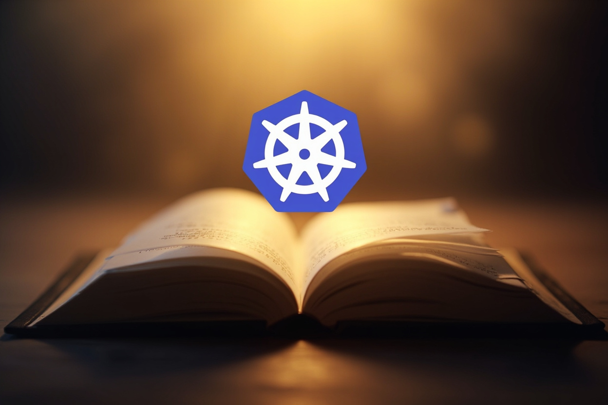 Open book with glowing Kubernetes logo hovering above, symbolizing accessible online documentation.