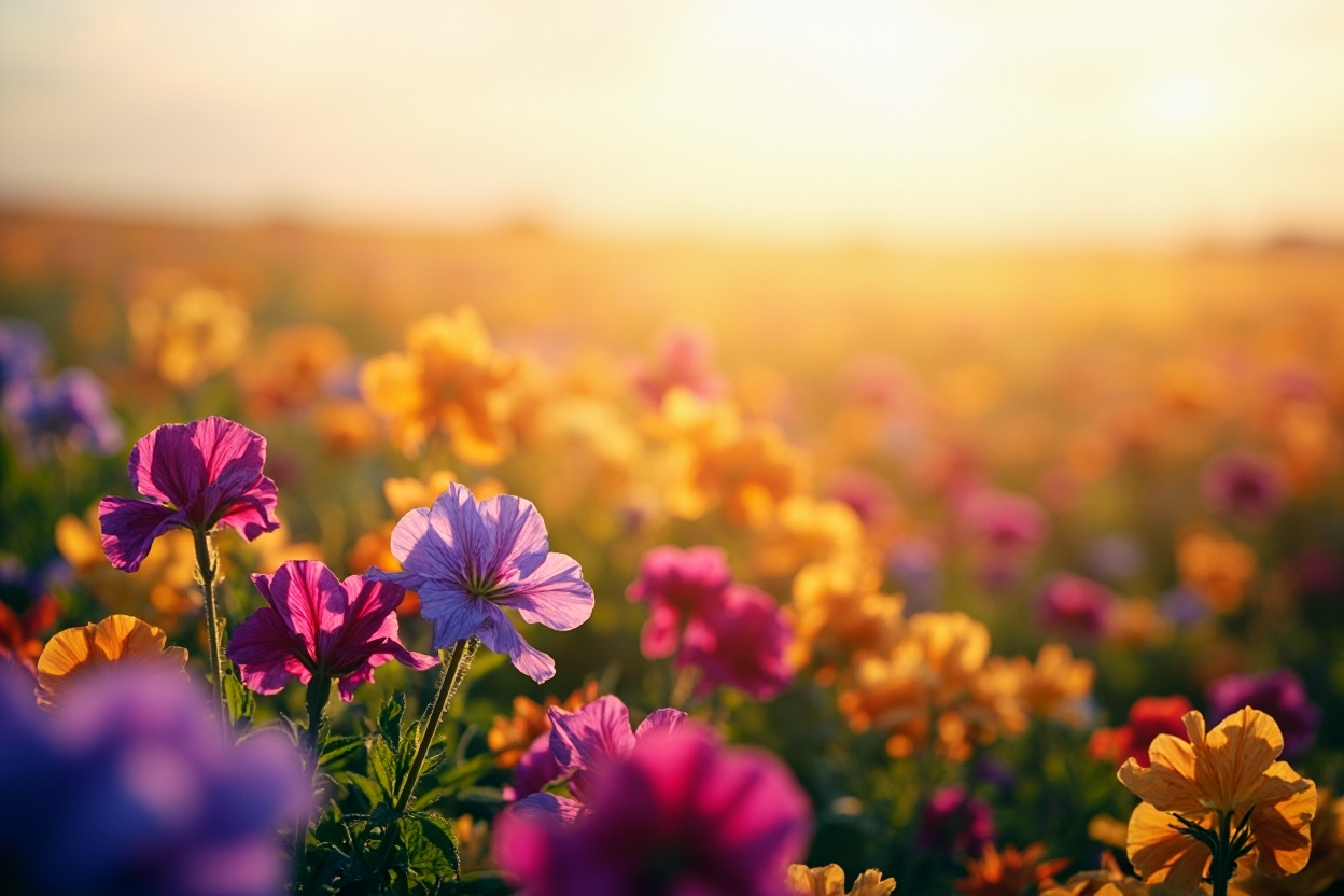 Wide shot of a blooming field representing autoscaling, with blurred background and natural lighting.