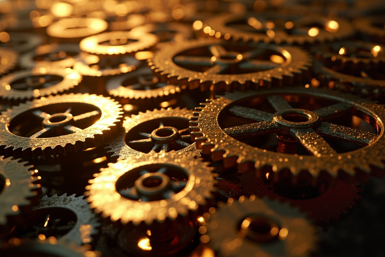 Automated Kubernetes cluster represented by interconnected gears turning smoothly, symbolizing streamlined workflows.