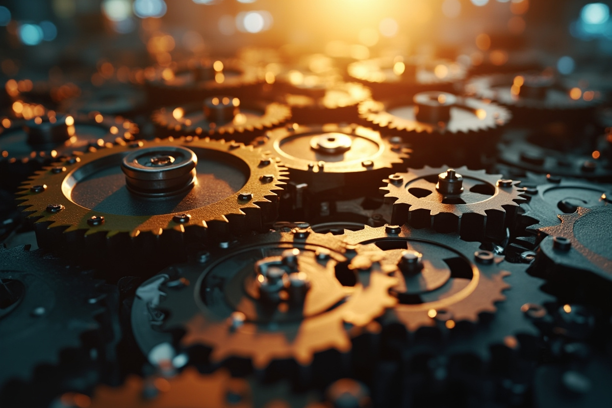 Automated Kubernetes cluster represented by interconnected gears, symbolizing streamlined workflows and efficient management.