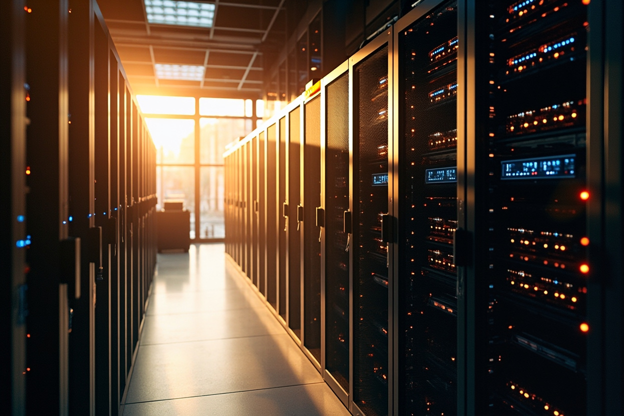 A vast, interconnected network of glowing server racks, symbolizing optimized Kubernetes deployments.