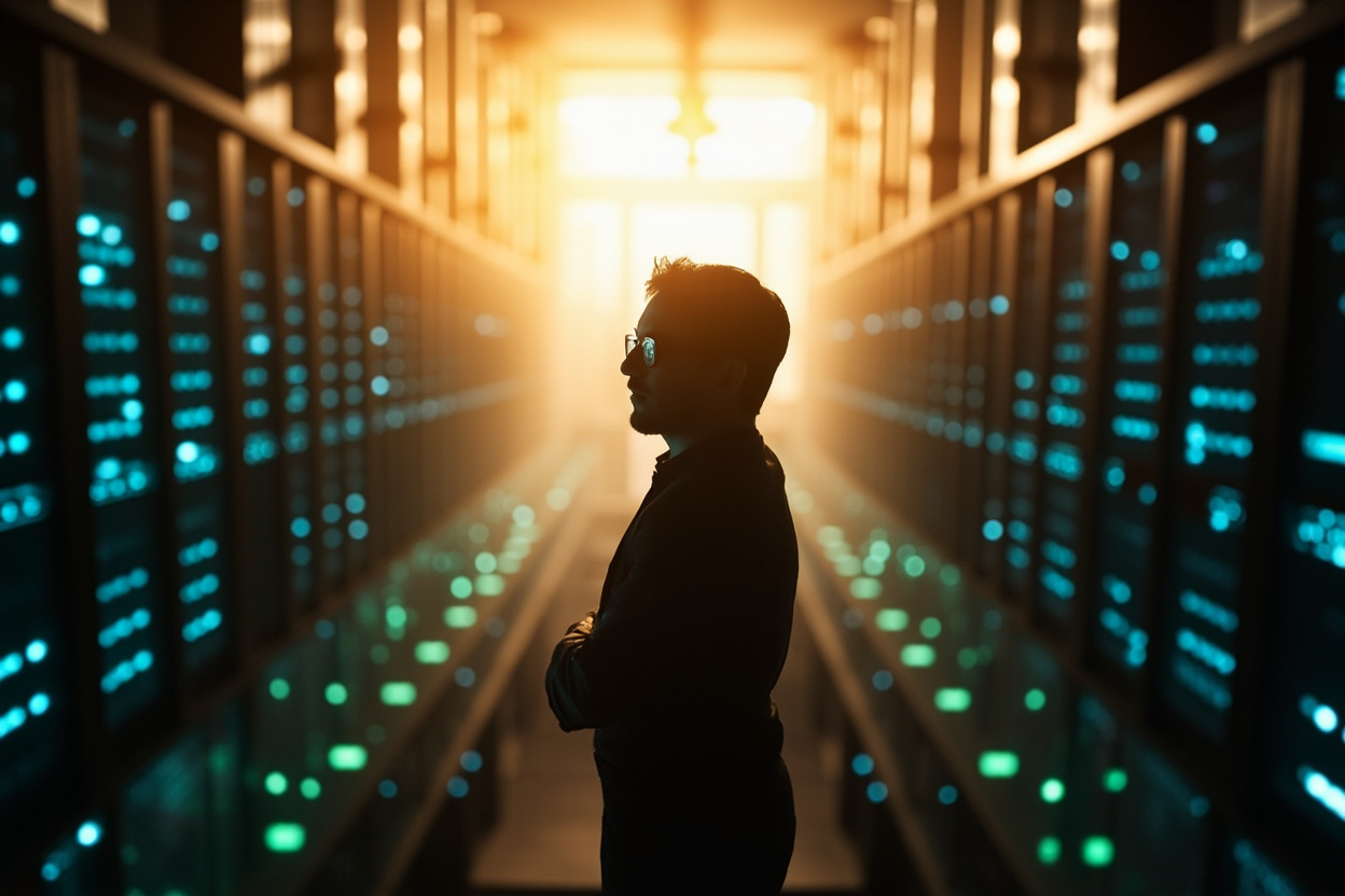 A developer overlooks a vast, interconnected network of servers, symbolizing Kubernetes' role in application deployment.