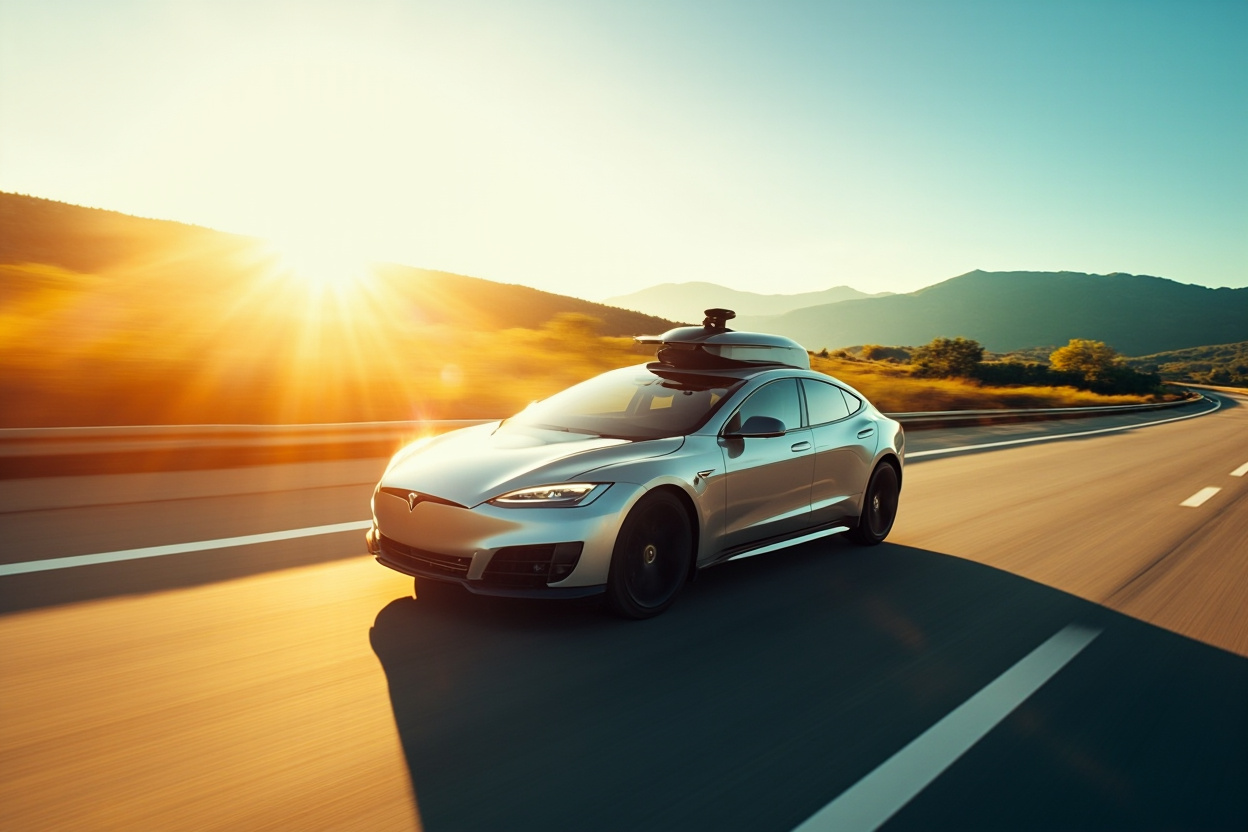 Automated Kubernetes cluster represented by a self-driving car navigating a complex highway, symbolizing streamlined operations.