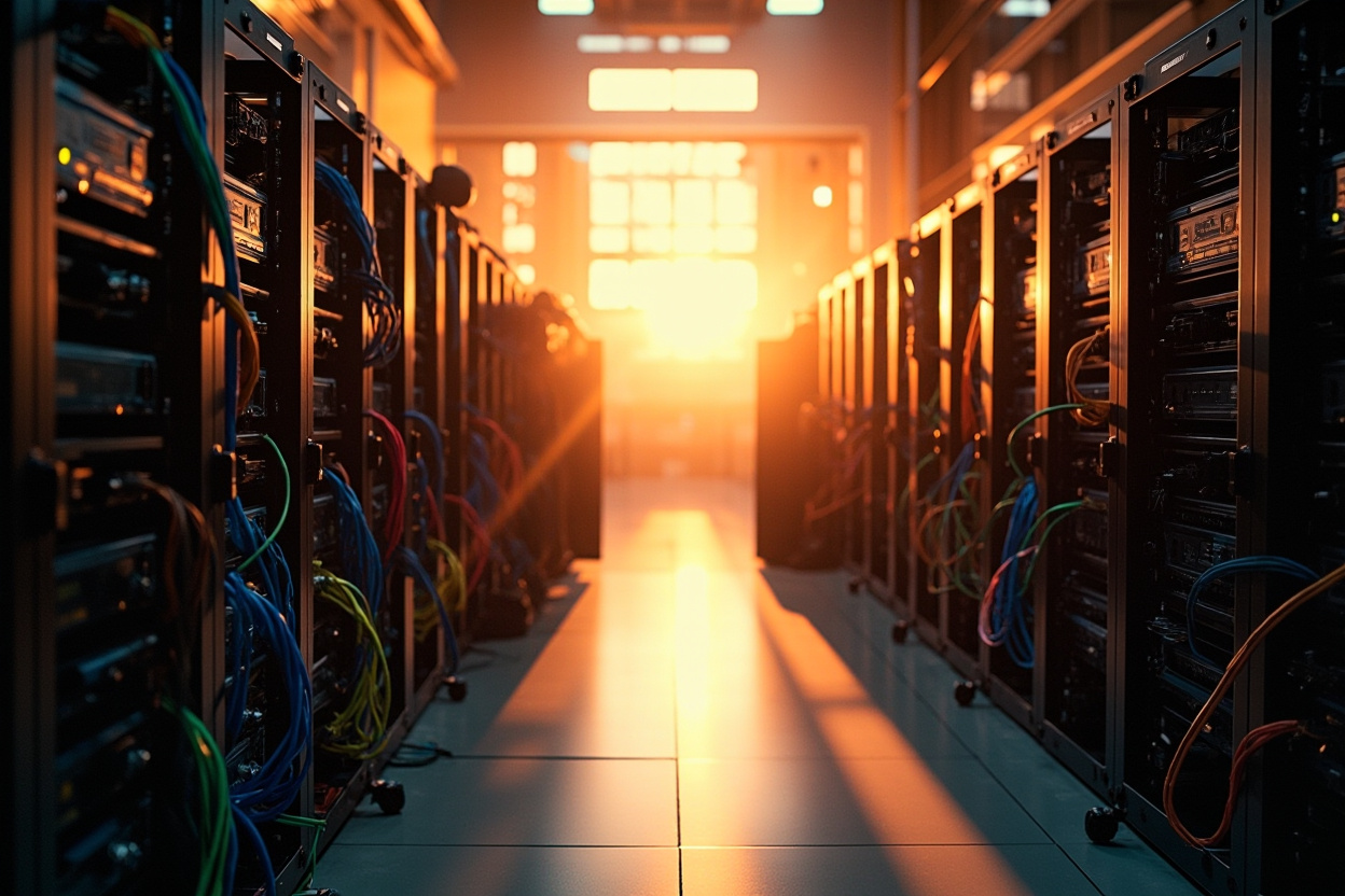 A vast, meticulously organized server room with blurred background, symbolizing optimized Kubernetes resources.