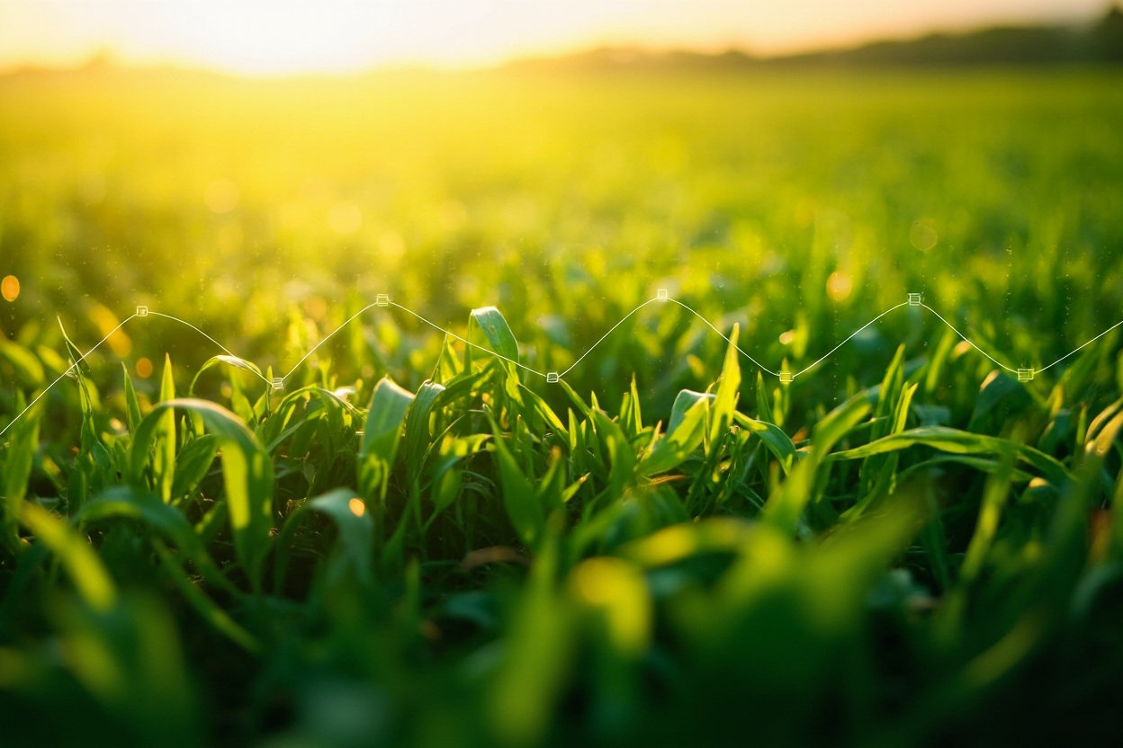 A field of crops being optimized by a network of interconnected nodes, representing Kubernetes resource optimization.