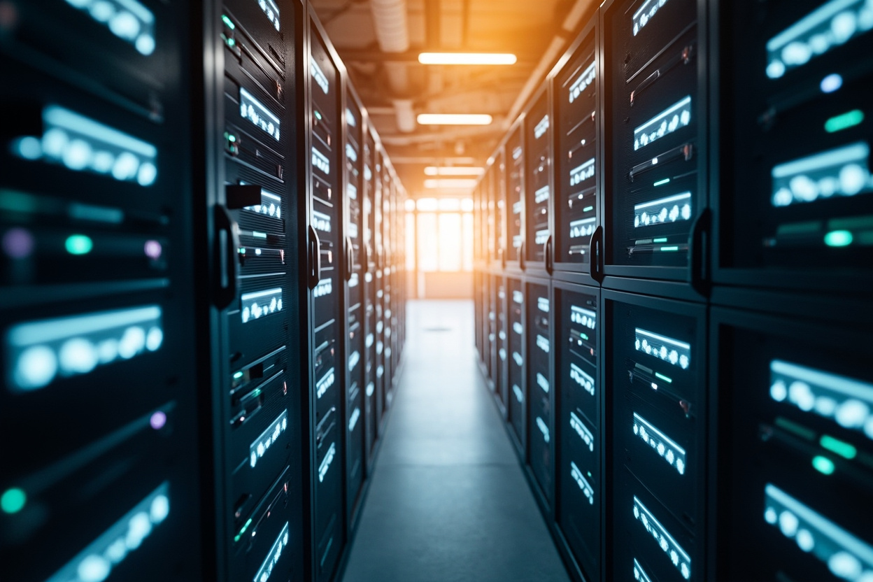 A vast, interconnected network of glowing servers in a data center, symbolizing Kubernetes cloud-native infrastructure.