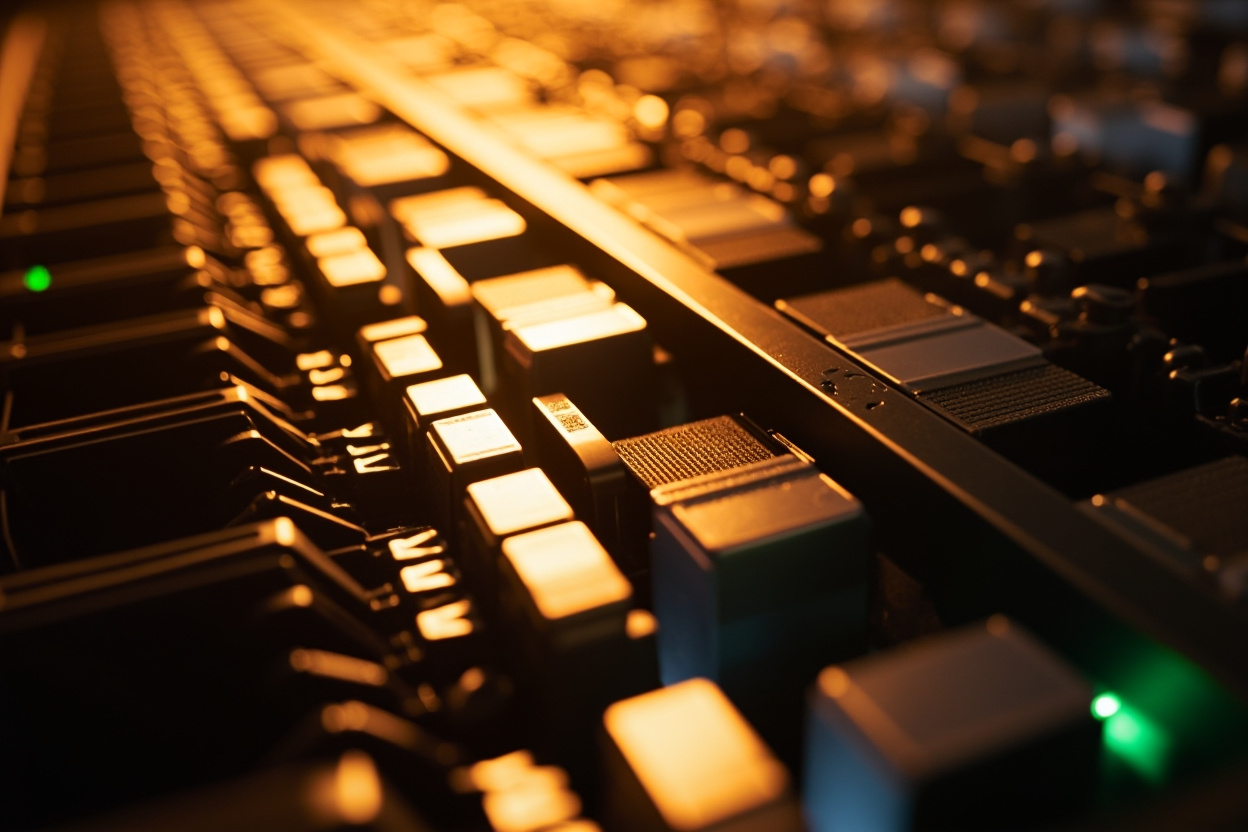 Wide shot of interconnected servers symbolizing Kubernetes cloud native, with blurred background.