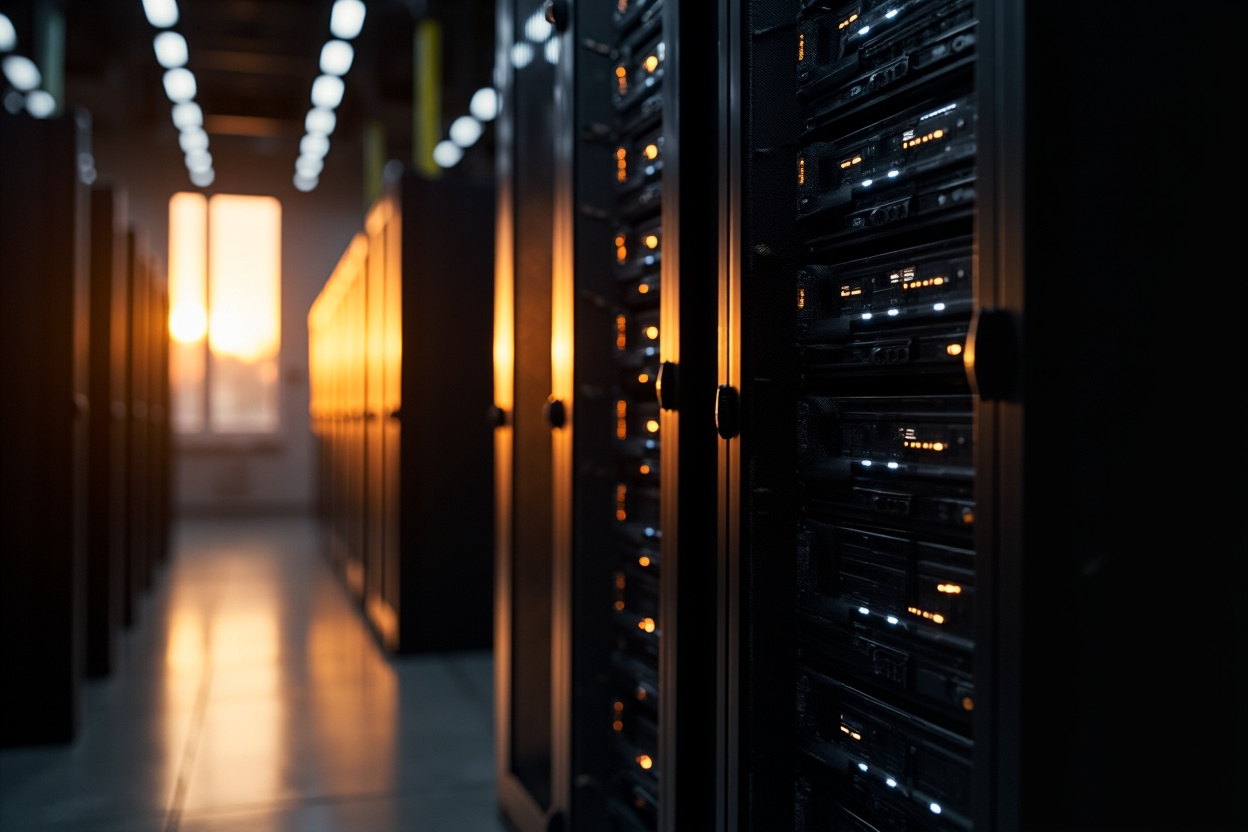 A vast field of interconnected server racks, representing Kubernetes cluster scalability.