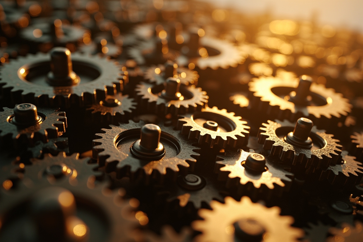 A network of interconnected gears representing Kubernetes performance, with a blurred background.