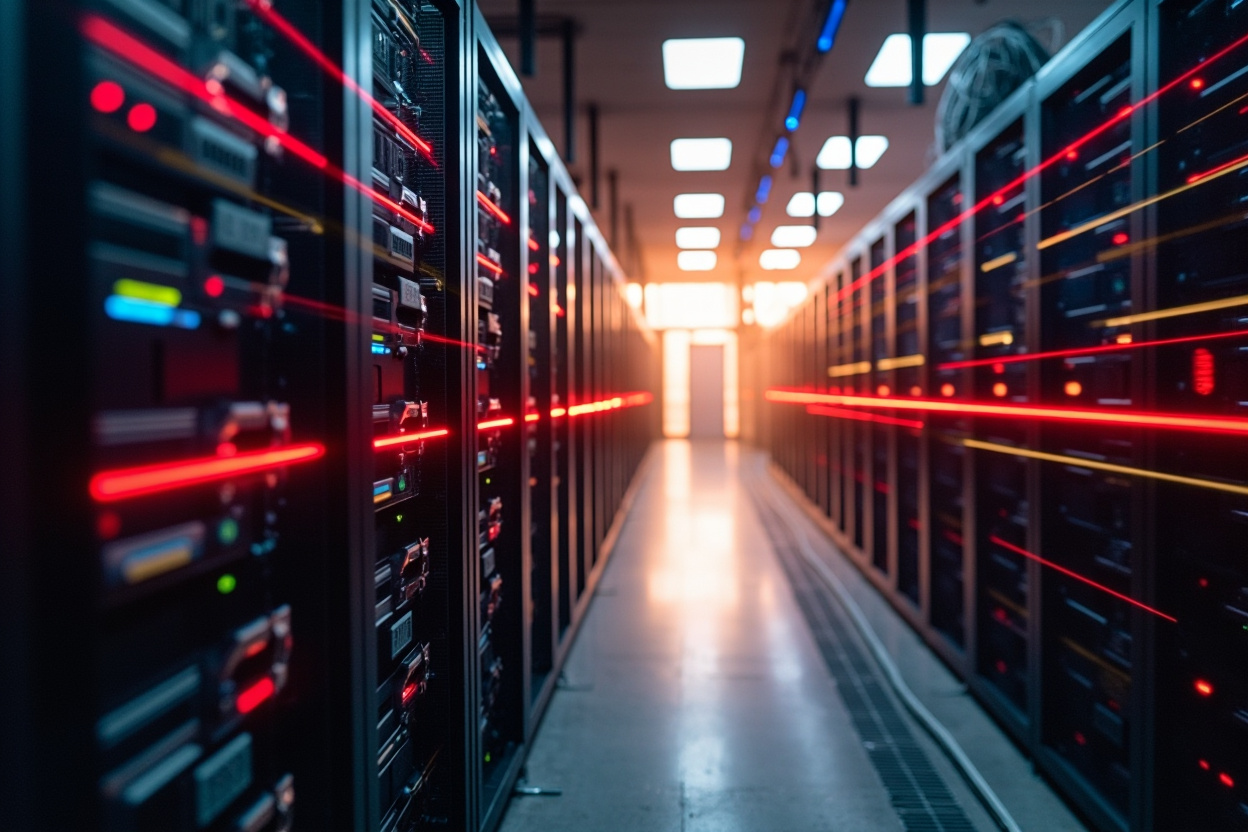 A wide shot of a server room with blurred lights, symbolizing Kubernetes auditing for security and compliance.