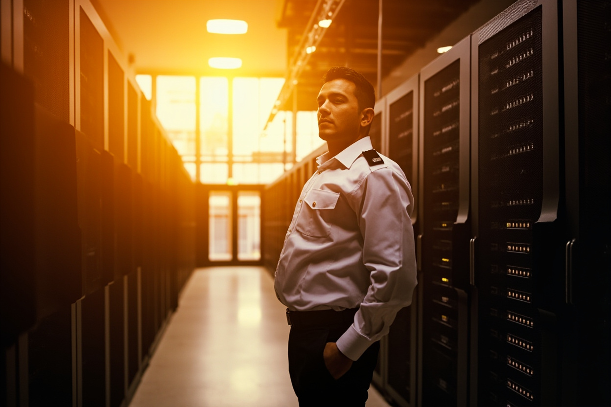 A security guard metaphorically watching over a Kubernetes cluster, ensuring secure access and compliance.