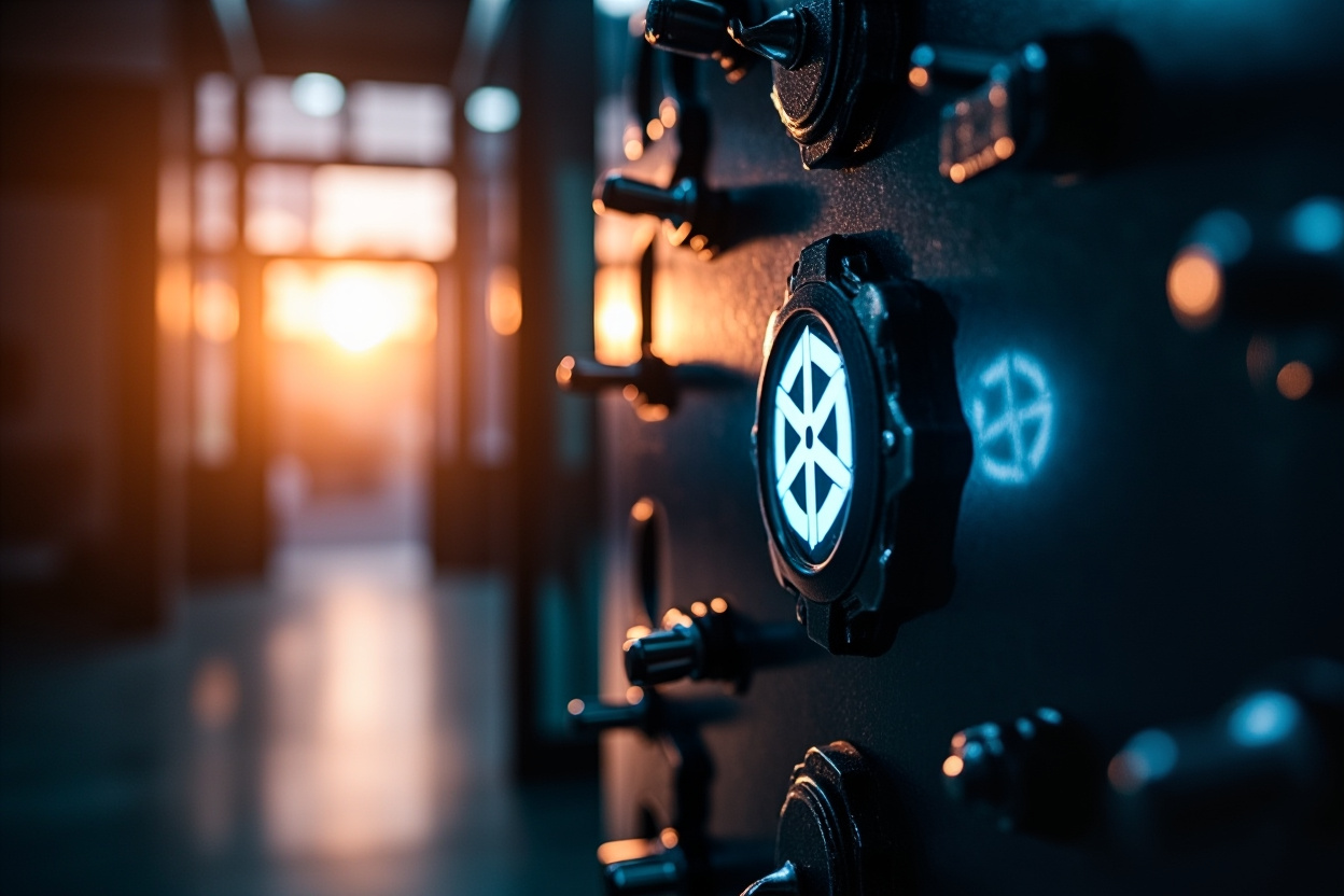 A secure vault with glowing Kubernetes icons floating around it, symbolizing comprehensive Kubernetes auditing.