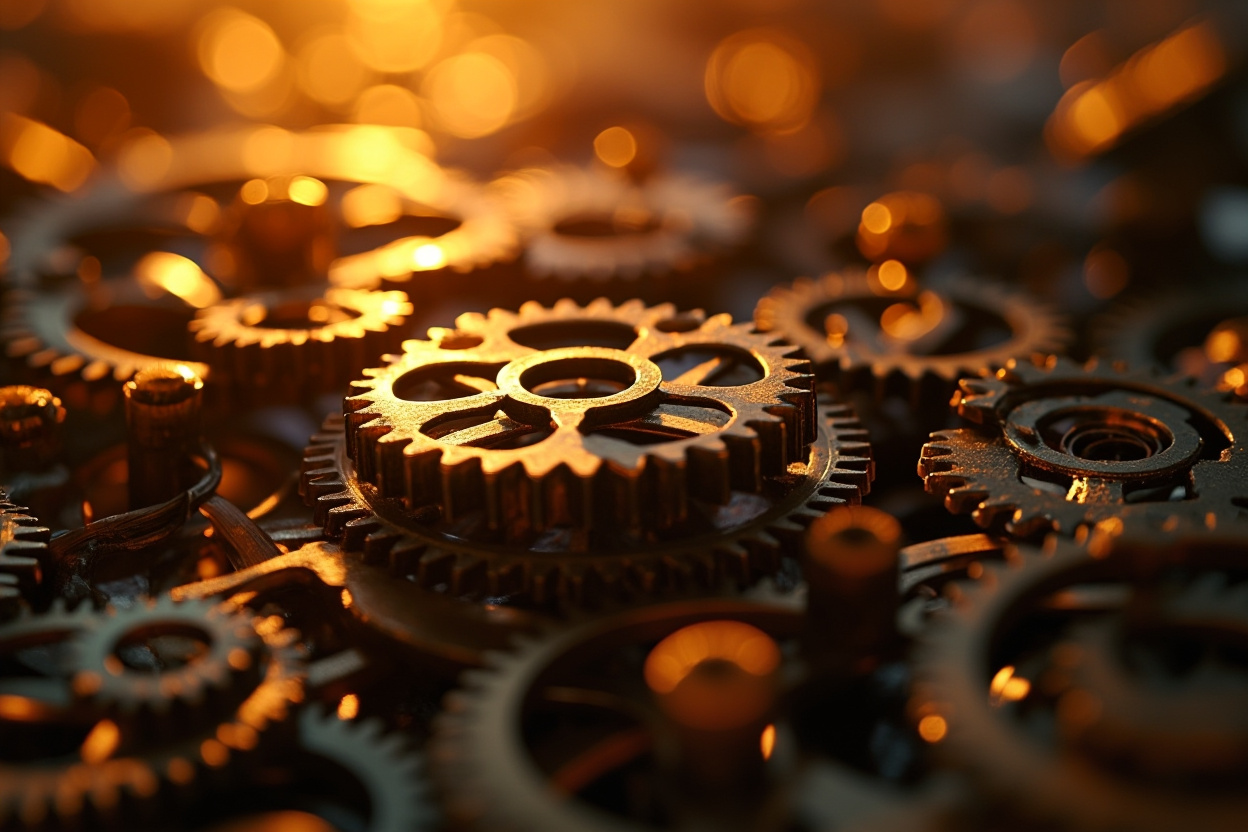 A network of interconnected gears, each representing a Kubernetes cluster, working in perfect synchrony to optimize performance.