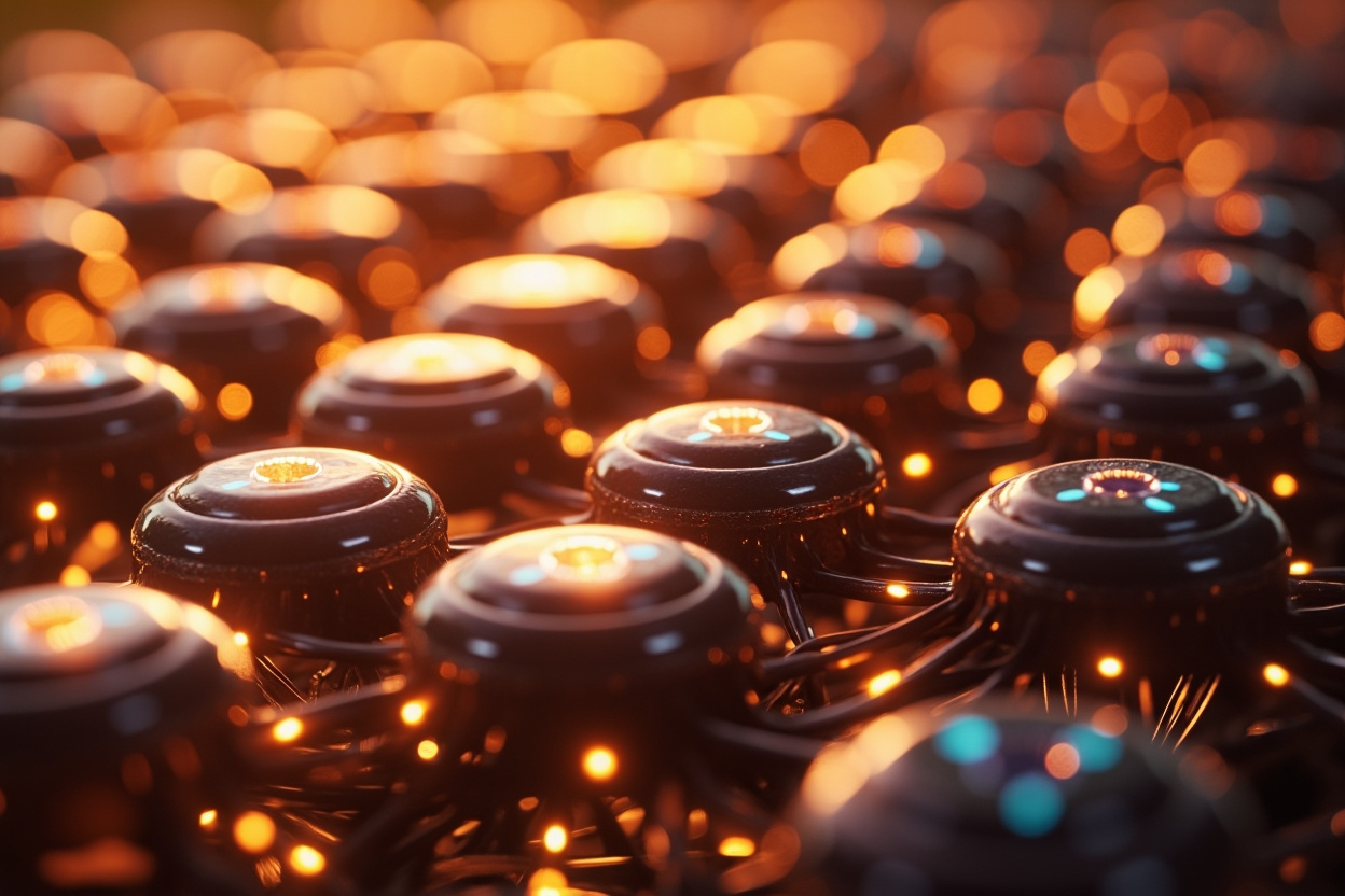 A vast, interconnected network of glowing nodes, symbolizing optimized Kubernetes cluster performance.