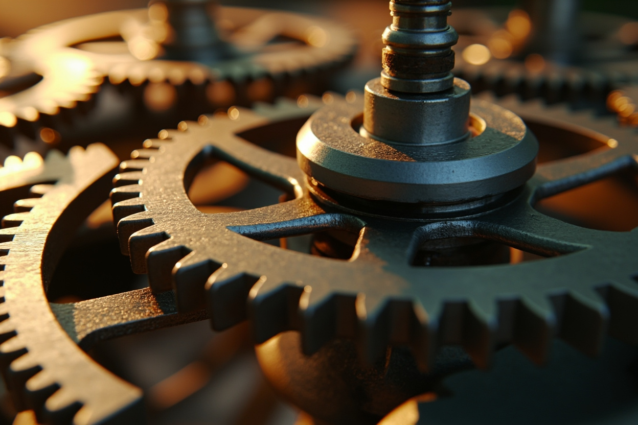 Automated Kubernetes cluster scaling visualized as a network of interconnected gears dynamically adjusting to workload demands.