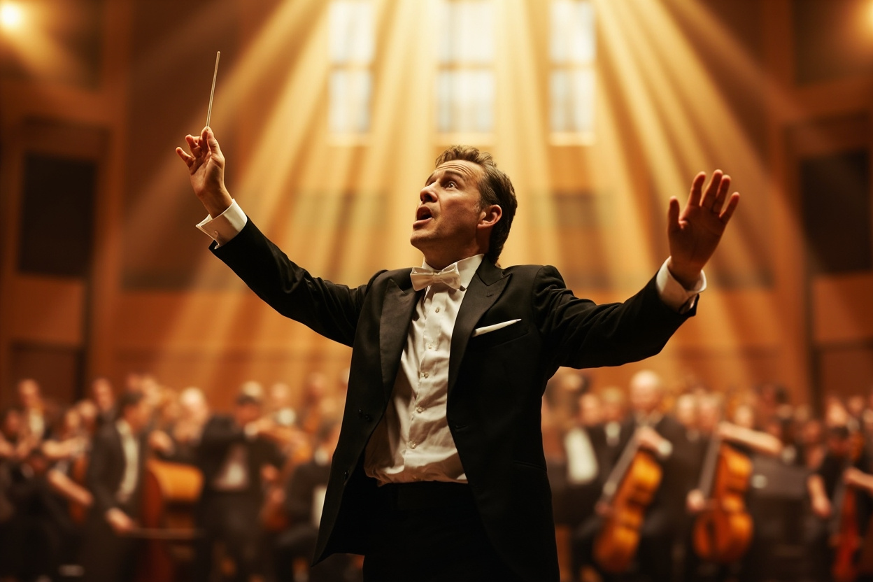 A wide shot of a conductor orchestrating a symphony, symbolizing Kubernetes orchestration, with a blurred background.