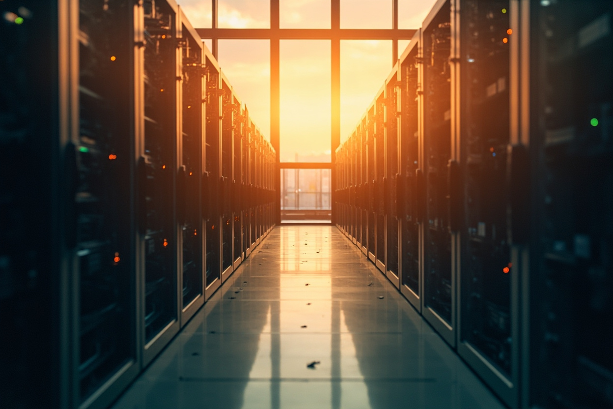 A vast, interconnected network of servers, symbolizing Kubernetes support, with a blurred background.