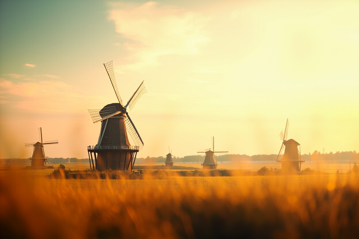 A field of precisely arranged windmills, some still, some turning, representing optimized Kubernetes resources.