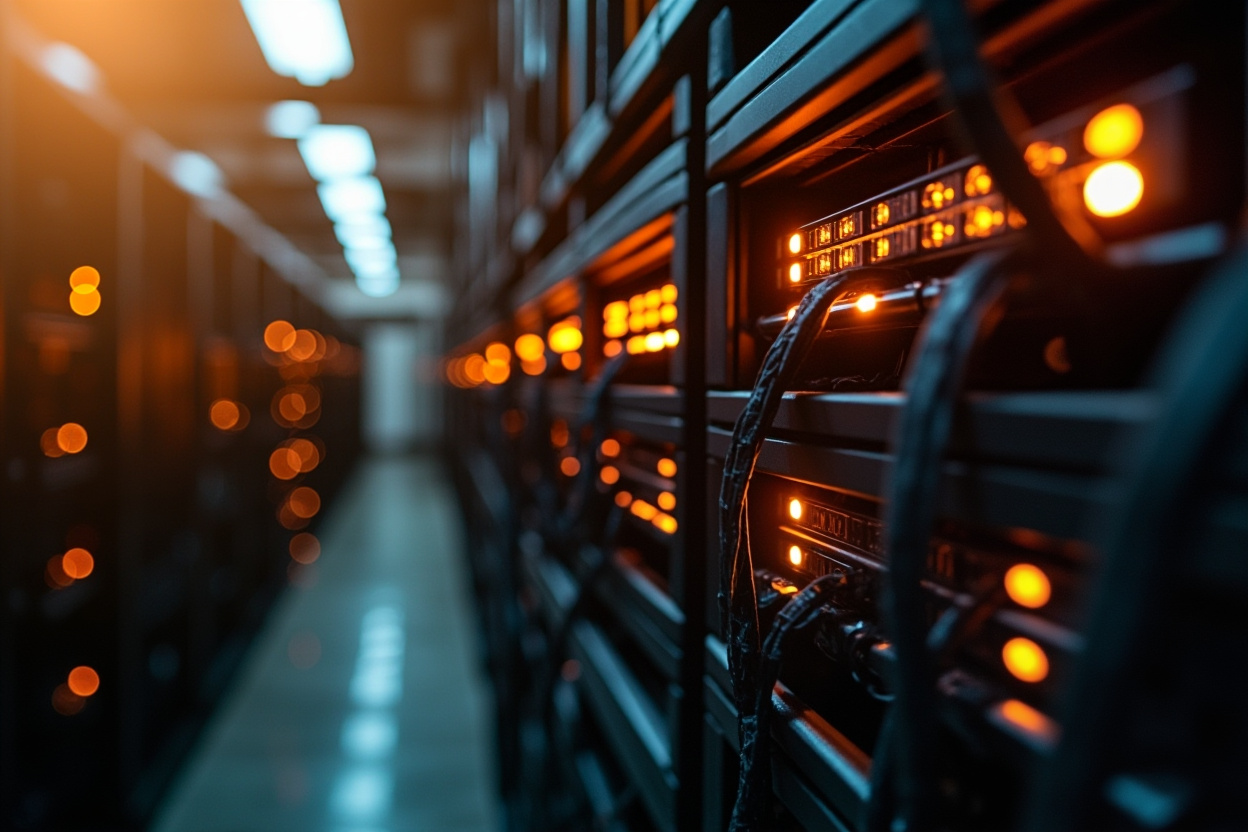Interconnected server racks representing Kubernetes performance monitoring.