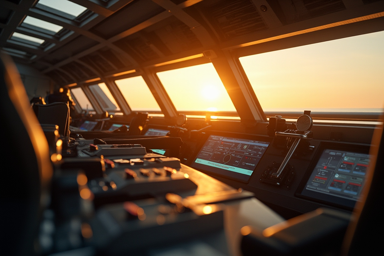 A ship's bridge symbolizes Kubernetes as the control center for enterprise operations, ensuring secure and scalable management.