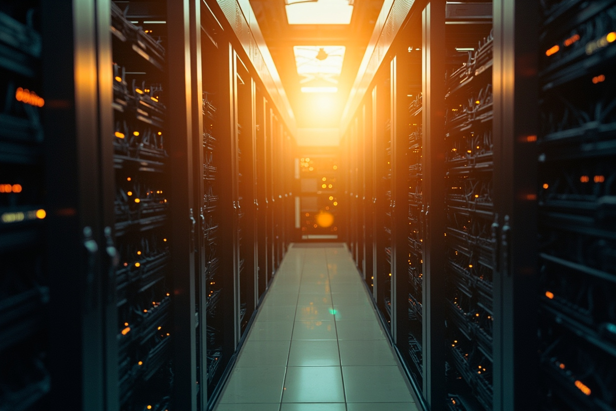 Interconnected server racks representing Kubernetes cluster management.