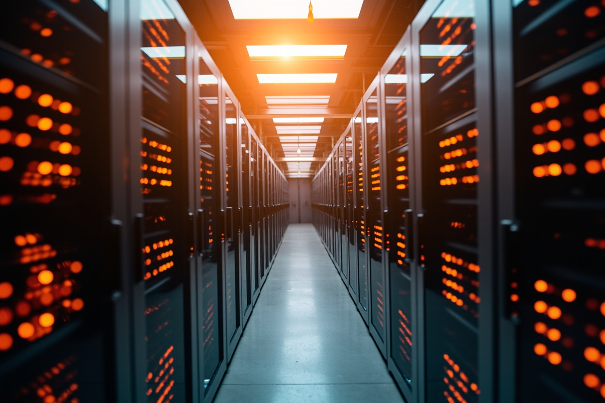 A wide shot of interconnected server racks with glowing nodes, symbolizing Kubernetes clusters.