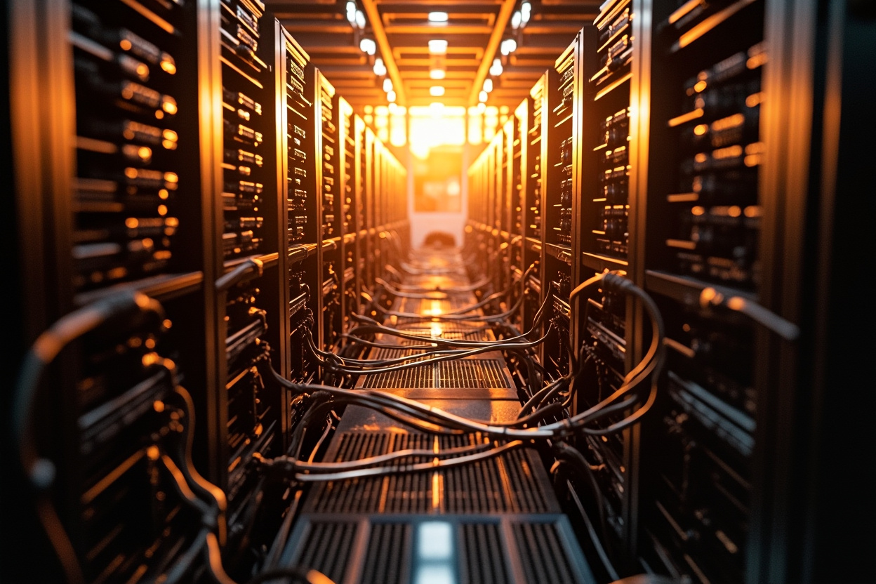 A digital metropolis of interconnected server racks, representing Kubernetes monitoring solutions.